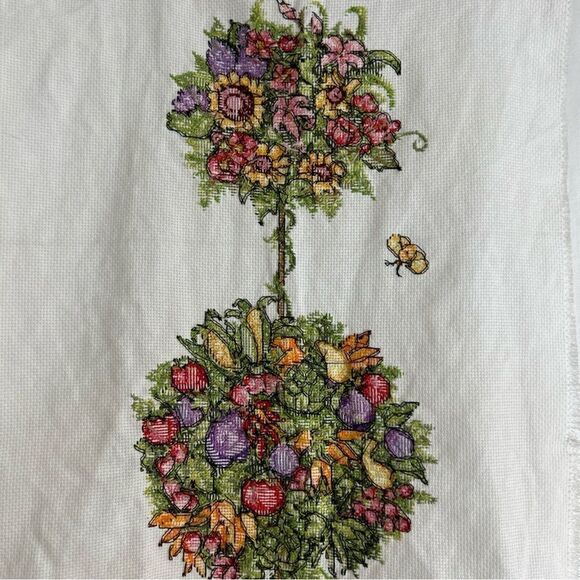 14” X 37 “ Topiary Flowers & Fruits Crossstitched Unframed - Picture 9 of 10